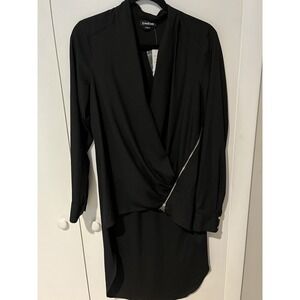 NWT Bebe Womens Wrap Slit Zipper Tunic High Low Black Long‎ Sleeve Top Medium